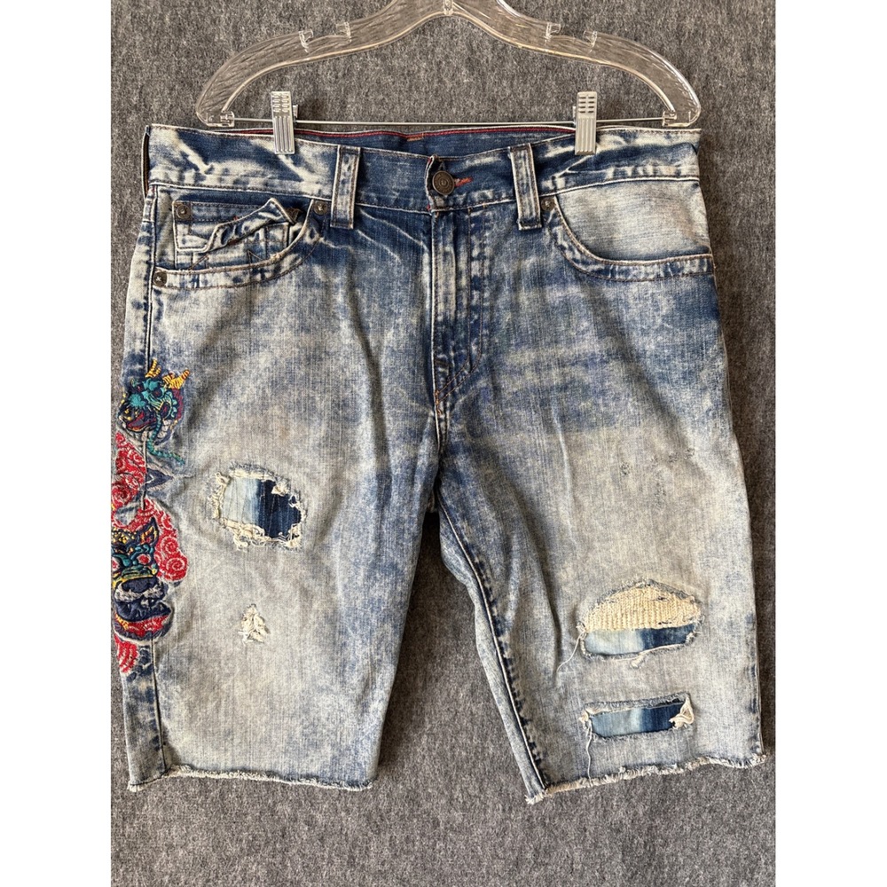 True Religion Mens‎ Dragon Embroidered Distressed Raw Hem Denim Shorts Size 34